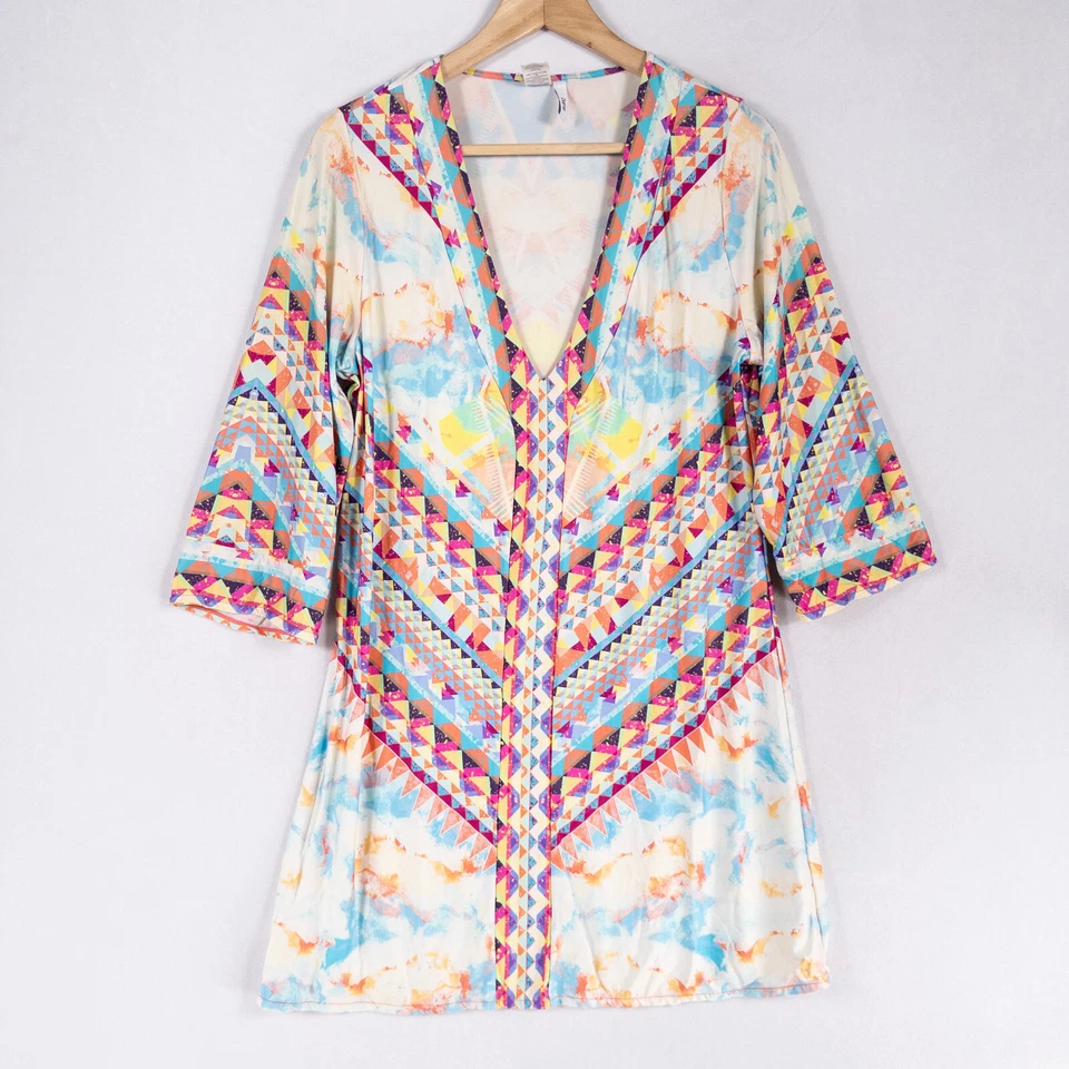 Vestido Bar III Feminino Tamanho Pequeno Multicolorido Estampa Geométrica Malha Elástica Mini Boho - Imagem 1 de 4