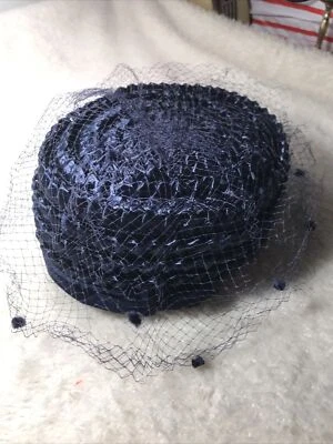 Vintage Navy Blue Straw Hat Union Made 305048 Tulle Netting - Image 1 of 4