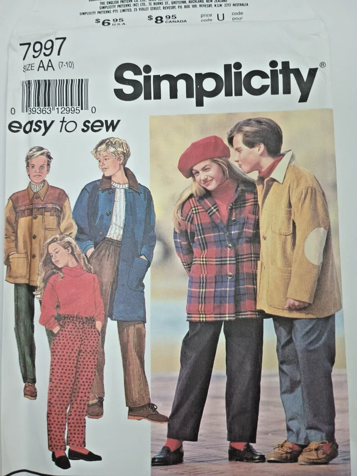 1990's Simplicity Girls'/Boys' Pants Coat Jacket Pattern 7997 Size 7-10 UNCUT