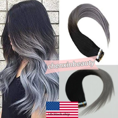 Cinta sin costuras en extensiones de cabello humano real Remy color ombre negro a gris gris gris Foto 1 de 4