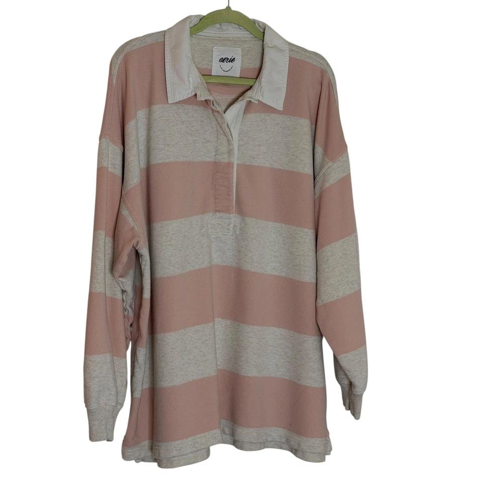 Aerie Sporty Prep Rugby Polo Sudadera Polar Top Camisa Rayas Rosa XL Foto 1 de 4