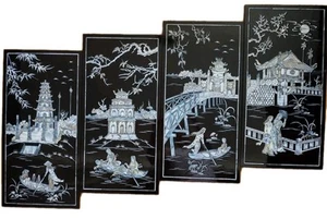 4 schöne asiatische Wandbilder Vintage schwarz Lack Perlmutt 24 Zoll - Bild 1 von 10