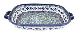 Blue Rose Polish Pottery Mosaic Flower Large Baker with Handles - Picture 1 of 2