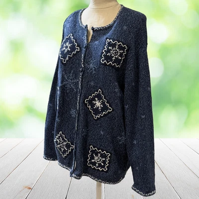 Suéter Vintage ERIKA Mujer 3X Azul Bordado a Mano Copos de Nieve Cárdigan Y2K Foto 1 de 4