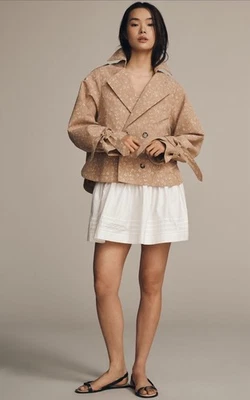 Anthropologie Crop Trench 夹克棕色花卉镂空学院风复古中号全新带标签 — 第 1/4 张图片