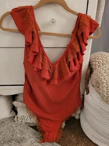 GORGEOUS SHEIN ONE PIECE SWIM SUIT BURNT ORANGE WITH RUFFLES  LACE UP IN BACK L - Picture 1 of 6