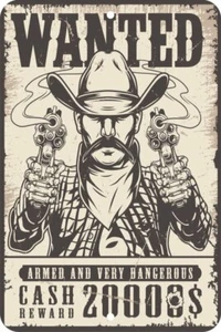 Wanted Cowboy Wild West Bandit Aluminum Tin Sign Plaque Man Cave Bar Decor S10 - Picture 1 of 1
