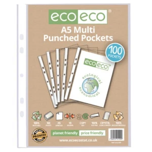 eco eco A5 Multi Punched Pockets 100% Recycled Home Office Professional 100 Pack - Picture 1 of 2
