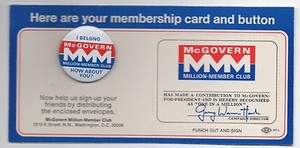 1972 George McGovern Membership Card & Button " McGovern Million Member Club "