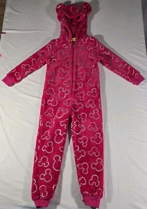 Disney Girls Sz 5/6 Pink Romper Silver Sequins Mickey Mouse Head Hooded w/ Ears - Picture 1 of 9