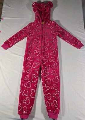 Disney Girls Sz 5/6 Pink Romper Silver Sequins Mickey Mouse Head Hooded w/ Ears - Image 1 of 4