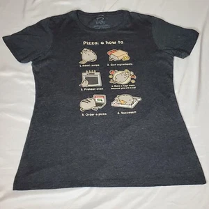Pusheen The Cat Pizza How To Instructions Gray Graphic Tee Size XL Women 19Wx27L - Picture 1 of 12