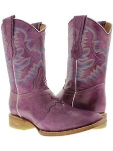 Womens Western Wear Boots Cowgirl Purple Mid Calf Embroidered Leather Square Toe