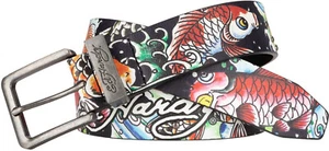 Cinturón negro con tachuelas de remache con estampado de peces tímidos Ed Hardy para hombre - Imagen 1 de 3