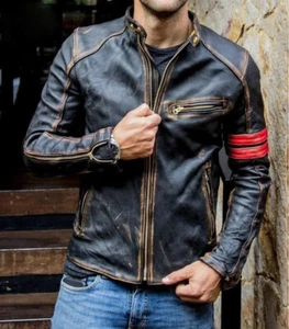 Men's Black Biker Vintage Motorcycle Distressed Cafe Racer Real Leather Jacket - Picture 1 of 4