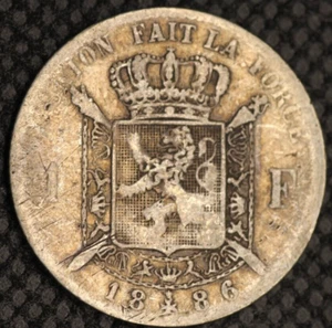 BELGIUM 1886 1 FRANC DES BELGES LEOPOLD II CROWNED LION SILVER WORLD COIN 1303 - Picture 1 of 2