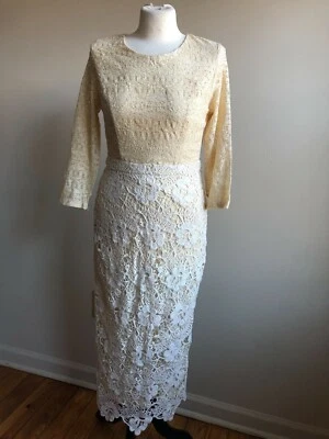 NWT Champagne & Strawberry M Beige Gold Lace Midi Sheath Dress - Image 1 of 4
