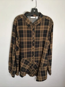 Susan Graver Women's XL Brown & Black Plaid Button Long Sl Asymmetrical Hem NWOT - Picture 1 of 11