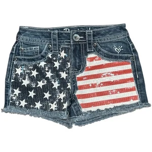Justice Blue Red White Denim Sequins Stars & Stripes USA Flag Girls 8R 4th July - Picture 1 of 5