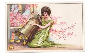 KÜNSTLER SIGNIERT BUSI OSTERN FANTASY SCHÖNE DAMEN UND BABYKÜKEN - Bild 1 von 2