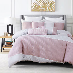HIG 7 Pieces Pink Brushed Microfiber Quilting Comforter Set - Queen King Size