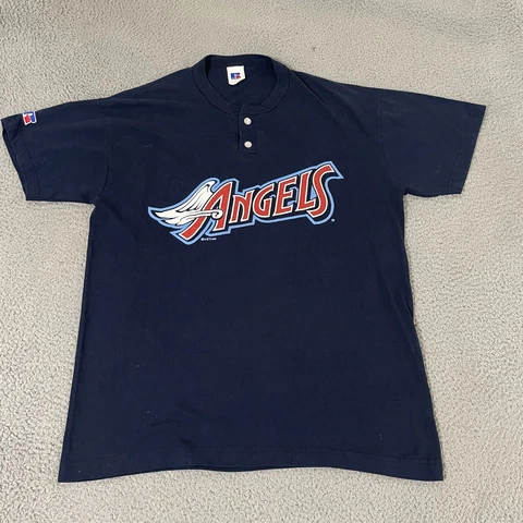 Vintage California Angels Shirt Mens Large Blue Henley Neck Short Sleeve MLB Cover