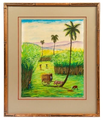 Vintage 1977 Haiti Sugarcane Harvest Painting signed N. Exume Watercolor Gouache - Image 1 of 4