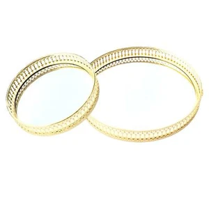 Gold Metal Round Mirror Base Glass Tray Serving Dresser Perfume Jewelry Makeup - Picture 1 of 4