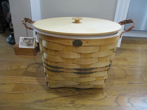 Peterboro Basket Co LARGE PICNIC BASKET WOOD LID GENUINE LEATHER HANDLES Insert Cover