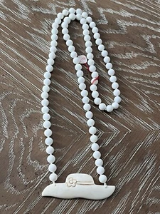 Vtg 32” Milk Glass Bead Knotted Necklace Faux Ivory Carved Pendant New Old Stock - Picture 1 of 7