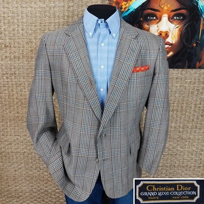 Christian Dior Men’s Size 42R Sport Coat Tan Blue Brown Dark Red Glen Plaid Wool - Image 1 of 4