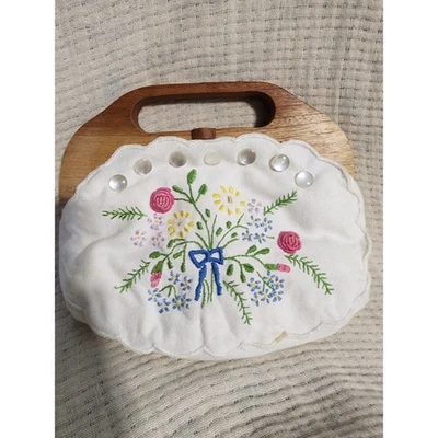 Vintage Hand Embroidered Floral Purse Wooden Handle Mother of Pearl Accents - Image 1 of 4