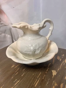 Vintage MCM McCoy Brand Pottery Water Pitcher and Bowl Basin Cream Brown Specks - Picture 1 of 3