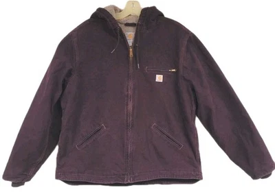 WOMENS VINTAGE CARHARTT JACKET WJ141 DWN DEEP WINE PURPLE HOODED SHERPA LINED XL - Image 1 of 4