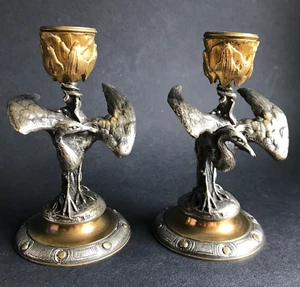 Candle Holders Blankets Pets? Wader Birds Bronze Golden Silver 19e Vintage U - Picture 1 of 21