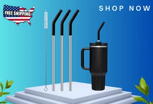 Metal Straws w/Silicone Tips for Stanley 40oz Tumbler, 3 Straight 13.3in + Brush - Picture 1 of 7