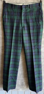 Vintage 1960s Unbranded Madras Plaid Blue Green & Black 100% Wool Pants 36 x 31 - Picture 1 of 6