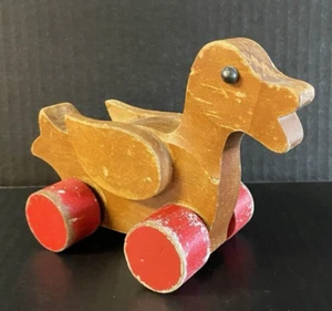 Vintage Folk Art Child's Toy Wooden Duck on Wheels Hand Crafted and Painted - Picture 1 of 9