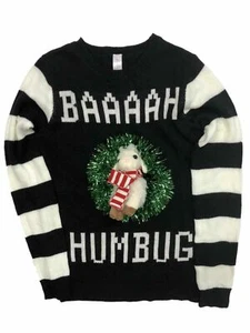 Junior Womens Black Tinsel Baaah Humbug Lamb Christmas Holiday Sweater - Afbeelding 1 van 2