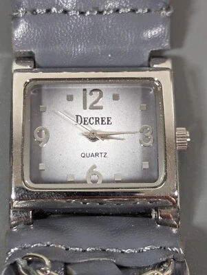 Decree Gray Dial Silver Tone Square Case Chain Faux Leather Band Watch 7.5 Inch - Image 1 of 4