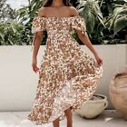 Women Casual Off Shoulder Long Dresses Floral Print Beachdress Short Sleeve