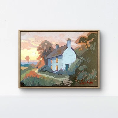 Pintura al óleo original 8x12 lienzo puesta de sol resplandor cabaña paisaje texturizado firmado Foto 1 de 4