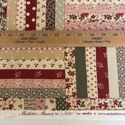 Mistletoe Manor By Moda 100% Cotton Quilting Fabric 1 Yard Cream Red Stripes - Image 1 of 4