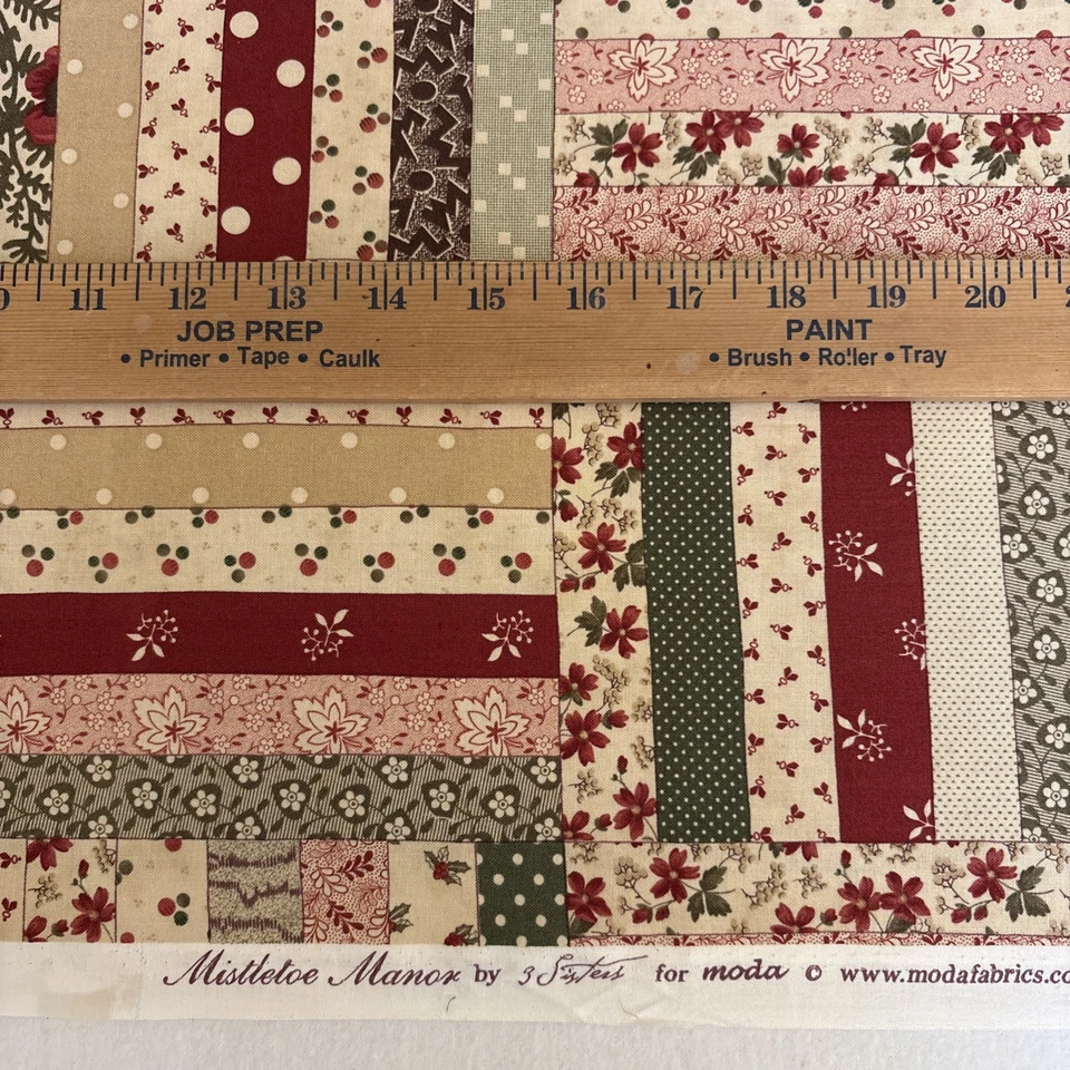 Mistletoe Manor By Moda 100% Cotton Quilting Fabric 1 Yard Cream Red Stripes - Image 1 of 4