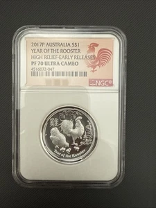 2017-P Australia $1 Rooster PF70 UC NGC High Relief Silver Coin ER - Picture 1 of 2