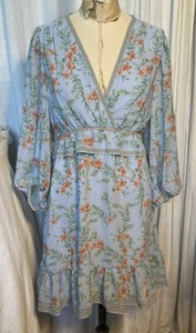 Max Studio London Womens Light Blue Floral 3/4 Sleeve Chiffon Dress SzcL Used - Picture 1 of 10