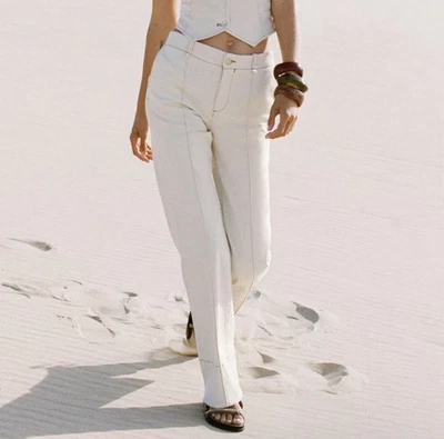 Zara Topstitch Cream Bootcut Pants - Image 1 of 4