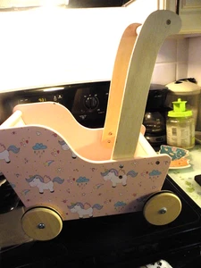 MOOVER Toys Pram Walker Stroller Pink w UNICORNS 2022 DENMARK Baby Doll Wooden - Picture 1 of 7