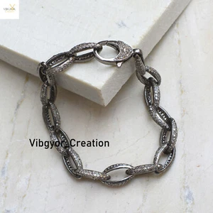 Diamond Silver Link Chain Bracelet Lobster Clasp lock Unisex Bracelet Jewelry - Picture 1 of 4