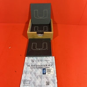 University Of Miami Hurricanes Set Of 4 Slate Coasters With Bamboo Caddy. NCAA - Picture 1 of 4